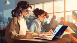 Zwei Studentinnen sitzen im Coworking Space nebeneinander und arbeiten an Laptops, um sich im Studium selbstständig zu machen.