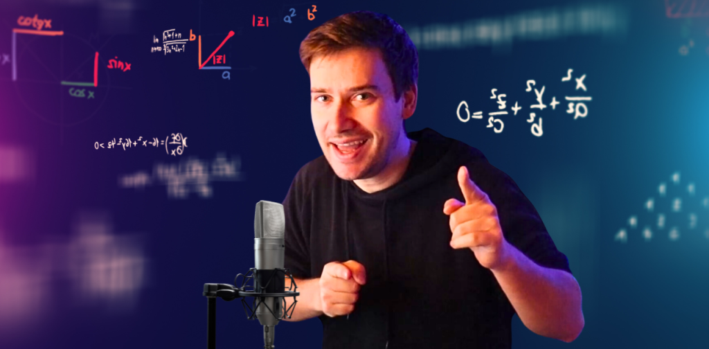 Person in schwarzem Oberteil vor blau-violettem Hintergrund mit eingeblendeten mathematischen Formeln, Diagrammen und Gleichungen. Im Vordergrund steht ein Mikrofon, das auf die Erstellung von Lernvideos oder Online-Unterricht hindeutet. Das Motiv symbolisiert digitales Lernen und moderne Mathematikvermittlung.