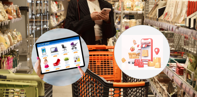 Symbolbild für Social Commerce: im Hintergrund eine Frau mit leerem Einkaufswagen in einem Geschäft, sie hält ein Smartphone in der Hand; links und rechts Bilder mit Motiven zum Online-Shopping