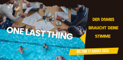 Grafik zeigt den Aufruf zur Teilnahme am Deutschen Startup Monitor 2025 mit Frist bis 17. August.