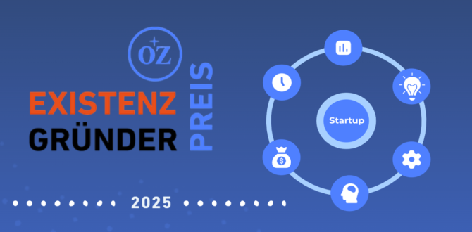 Symbolbild: Text und Grafik (Kreis mit verschiedenen Symbolen, in der Mitte das Wort "Startup") für den OZ-Existenzgründerpreis 2025