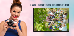 Frau mit Kamera vor pastellfarbenem Hintergrund und eine Gruppe beim gemeinsamen Essen im Freien – Symbol für Familienleben als Business und digitale Gemeinschaft