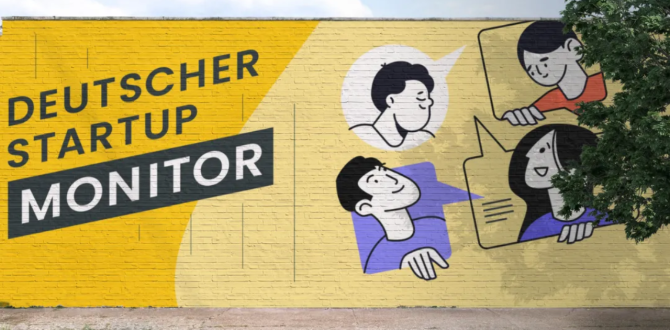 Mural mit dem Schriftzug „DEUTSCHER STARTUP MONITOR“ und vier gezeichneten Personen im Dialog vor gelbem Hintergrund auf einer Backsteinwand.