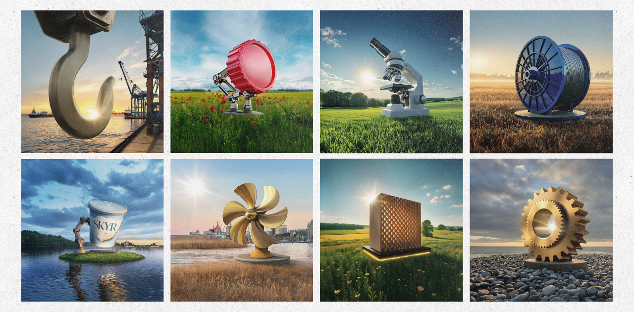 Collage mit acht Bildern zu Schlüsselbranchen in Mecklenburg-Vorpommern: maritime Wirtschaft, erneuerbare Energien, Medizintechnik, Maschinenbau, Kunststoff, Mobilität, Ernährungswirtschaft und Ressourceneffizienz.