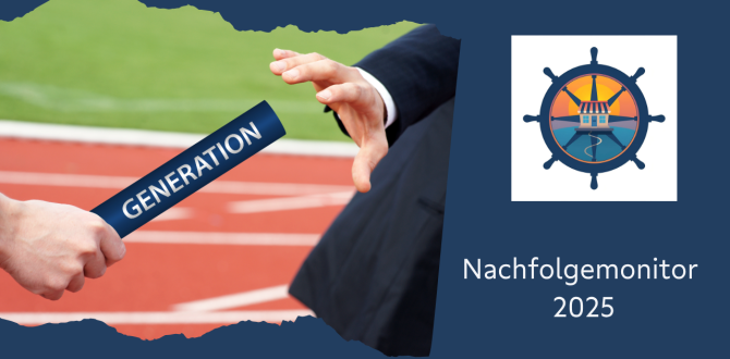 Symbolische Darstellung der Unternehmensnachfolge: Zwei Hände übergeben einen Staffelstab mit der Aufschrift „GENERATION“ auf einer Laufbahn, daneben ein Logo mit Steuerrad und Sonnenuntergang – Hinweis auf den Nachfolgemonitor 2025.