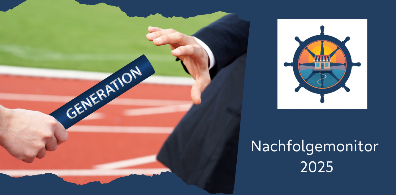 Symbolische Darstellung der Unternehmensnachfolge: Zwei Hände übergeben einen Staffelstab mit der Aufschrift „GENERATION“ auf einer Laufbahn, daneben ein Logo mit Steuerrad und Sonnenuntergang – Hinweis auf den Nachfolgemonitor 2025.