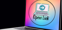 Symbolbild für Verlinken: Blick auf einen Laptop mit der Grafik eines Laptops, dem Text "Open LInk" und einem Pfeil