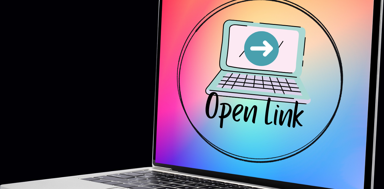 Symbolbild für Verlinken: Blick auf einen Laptop mit der Grafik eines Laptops, dem Text "Open LInk" und einem Pfeil