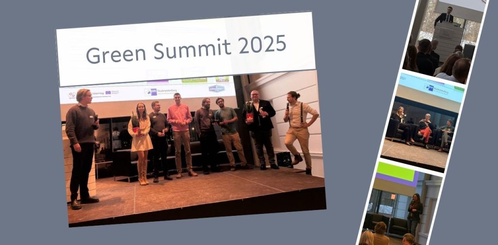 Collage vom Green Summit 2025 mit einer Gruppenpräsentation auf der Bühne, einer Podiumsdiskussion und Publikum bei einer Präsentation in einem hellen Konferenzraum.