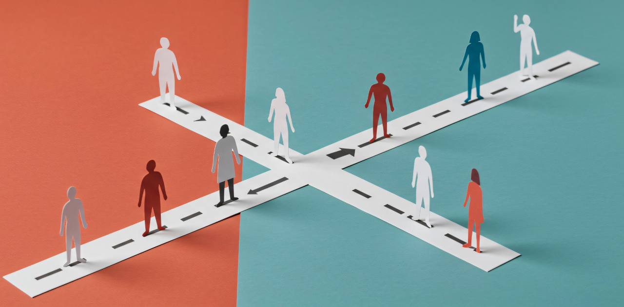 Papierfiguren auf sich kreuzenden Straßen symbolisieren verschiedene Wege und Entscheidungen im Gründungsprozess.