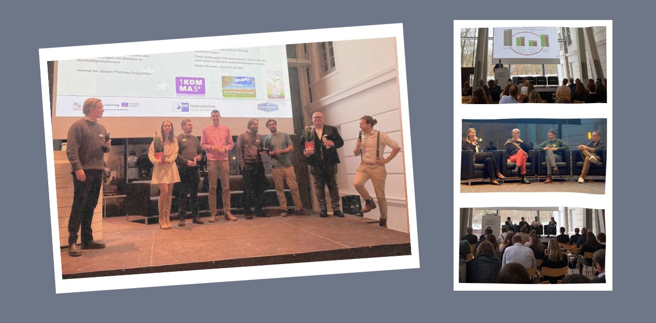 Collage vom Green Summit 2025 mit einer Gruppenpräsentation auf der Bühne, einer Podiumsdiskussion und Publikum bei einer Präsentation in einem hellen Konferenzraum.