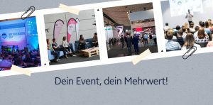 Collage aus vier Event-Szenen: MVpreneur Day Bühne, Gesprächsrunde, Messehalle und Vortrag vor Publikum, mit dem Text‚ Dein Event, dein Mehrwert!