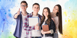 Gruppe von vier Personen mit Ordnern und Notizbüchern vor einem bunten Aquarell-Hintergrund, symbolisiert Teamarbeit und Schülerprojekte.
