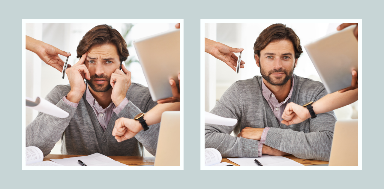 Person sitzt am Schreibtisch, während mehrere Hände gleichzeitig Smartphone, Tablet und Stift anbieten; auf dem Tisch liegen Unterlagen und ein Laptop – Darstellung von Multitasking und Arbeitsüberlastung.