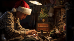 Symbolbild für Weihnachtszeit: Eine Person sitzt an einer Werkbank und hat eine Weihnachtsmannmütze auf. Im Hintergrund ist ein kleiner künstlicher Weihnachtsbaum zu sehen.