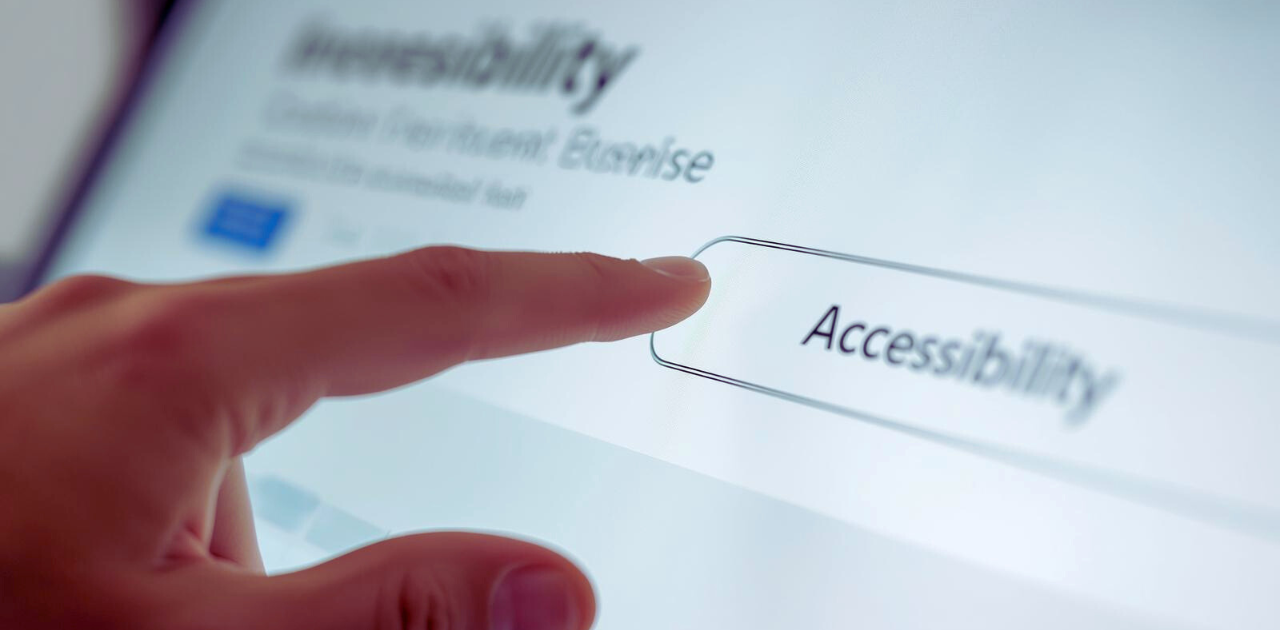 Person, von der nur ein Teil der Hand zu sehen ist, tippt mit dem Zeigefinger auf einen Monitor mit großer Schrift, die zum Teil verschwommen ist