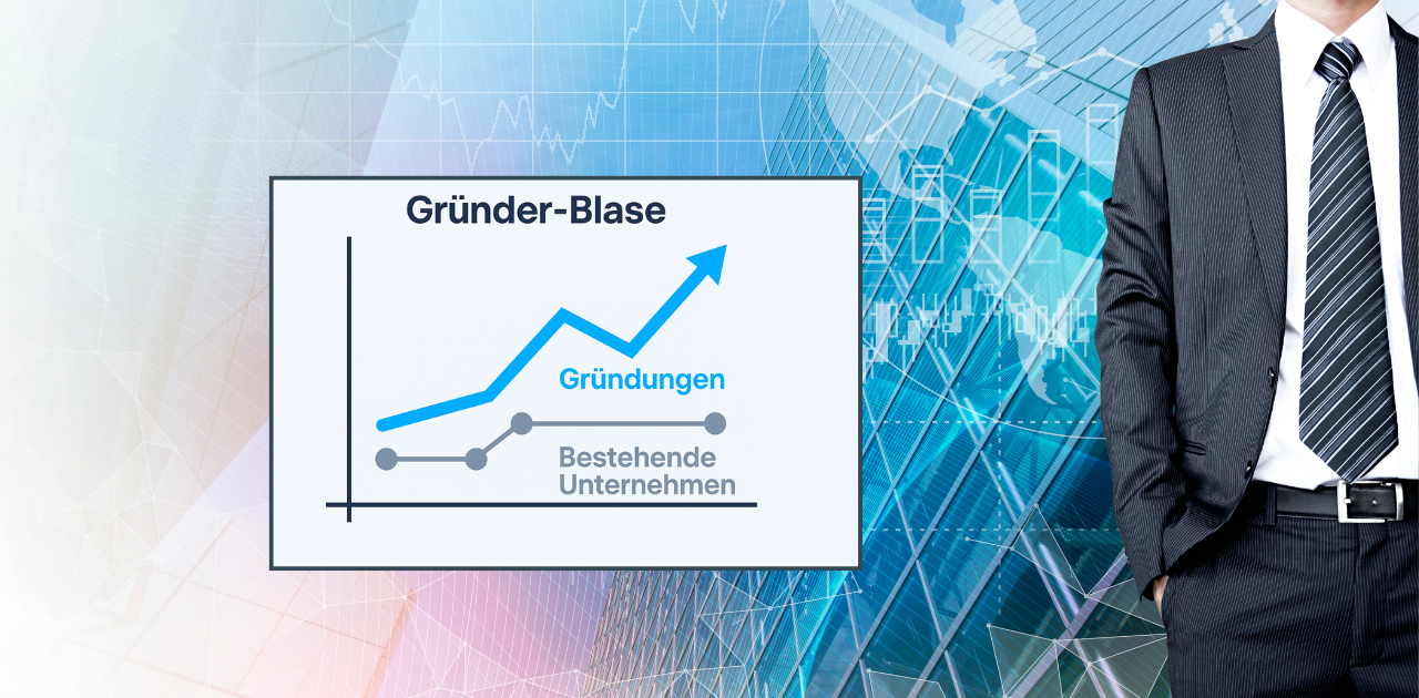 Grafik mit steil ansteigender blauer Linie für „Gründungen“ und flacher grauer Linie für „Bestehende Unternehmen“, die den wachsenden Abstand zwischen Gründungsaktivität und wirtschaftlicher Substanz darstellt.