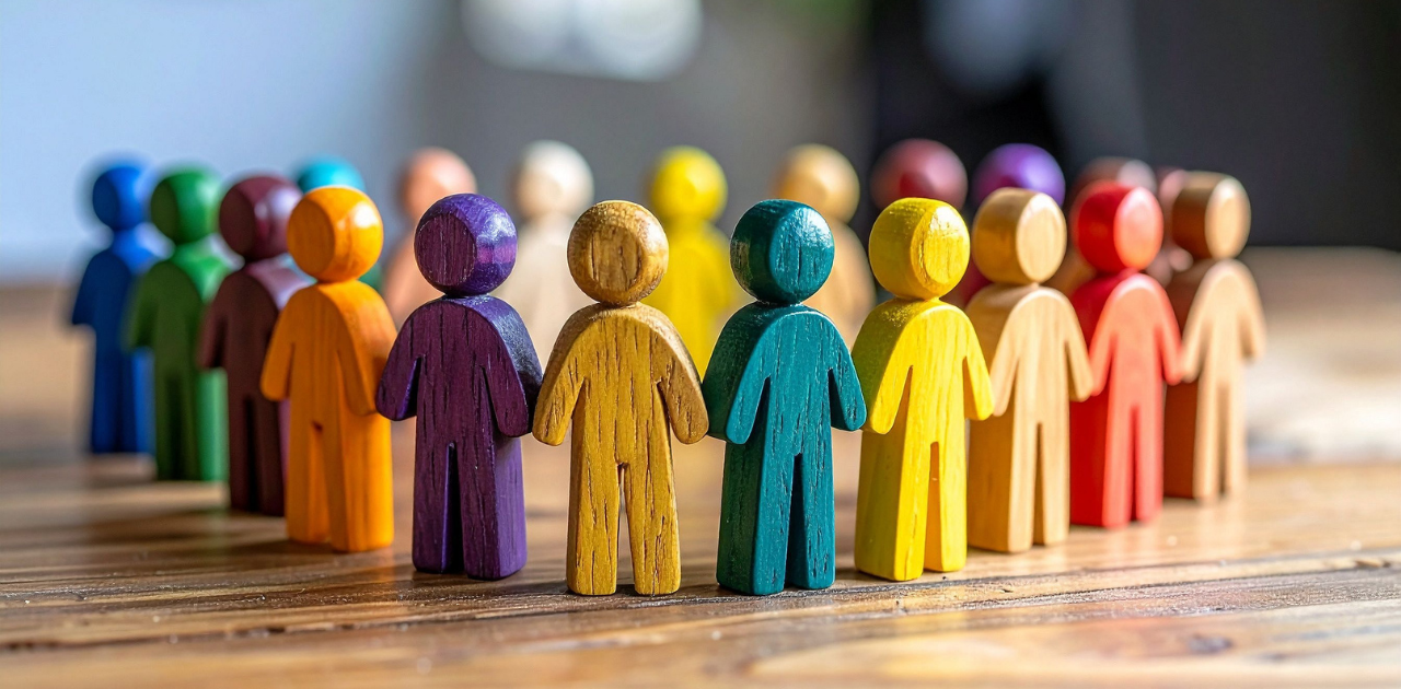 Holzfiguren in verschiedenen Farben stehen im Kreis und symbolisieren Vielfalt und Inklusion im Team.