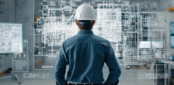 Person mit Bauhelm steht mit dem Rücken zur Kamera für einer digitalen Anzeige mit einem Bauplan