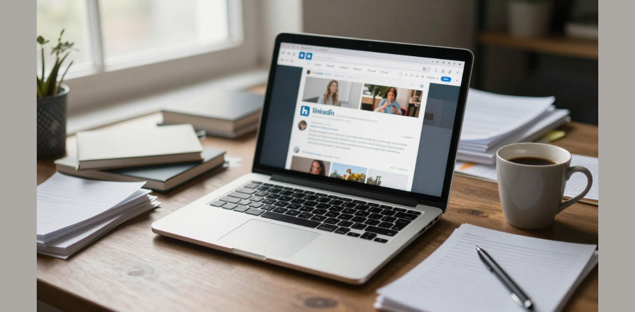 Laptop auf einem Schreibtisch mit einem geöffneten LinkedIn-Feed; daneben liegen Notizblätter, Bücher und eine Kaffeetasse.