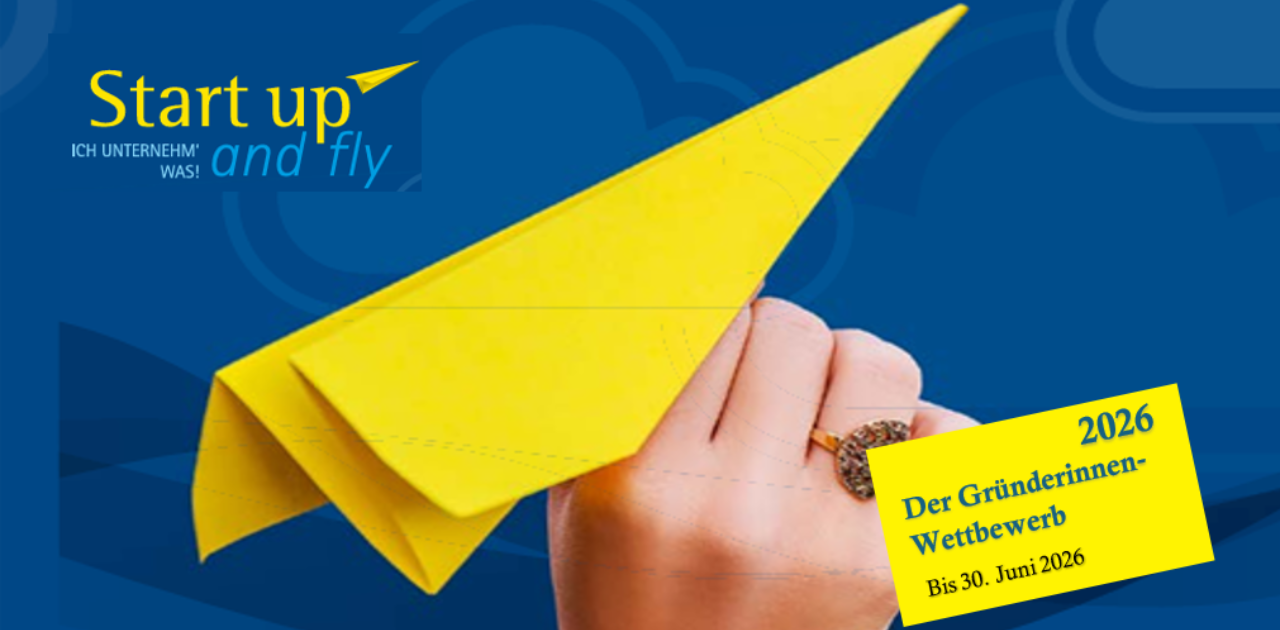 mittig hält eine Frauenhand einen kleinen Papierflieger, rechts und links etwas Text zum Wettbewerb Start up and fly