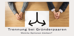 Zwei Personen sitzen sich an einem Tisch gegenüber, zwischen ihnen liegt ein Symbol mit einer Weggabelung. Das Bild steht für die unterschiedlichen Optionen nach einer Trennung bei Gründerpaaren.