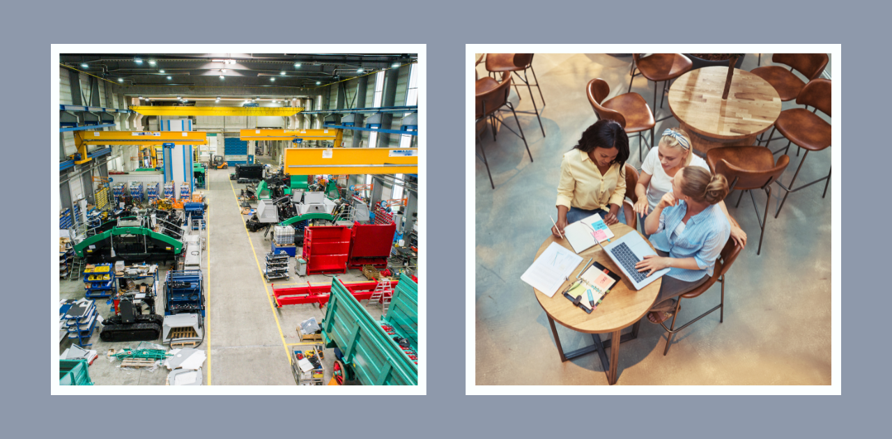 Kontrast zwischen Industrieproduktion und Dienstleistungsgründung: Fabrikhalle mit Maschinen und Teamarbeit am Laptop als Symbol für aktuelle Gründungszahlen in Deutschland.