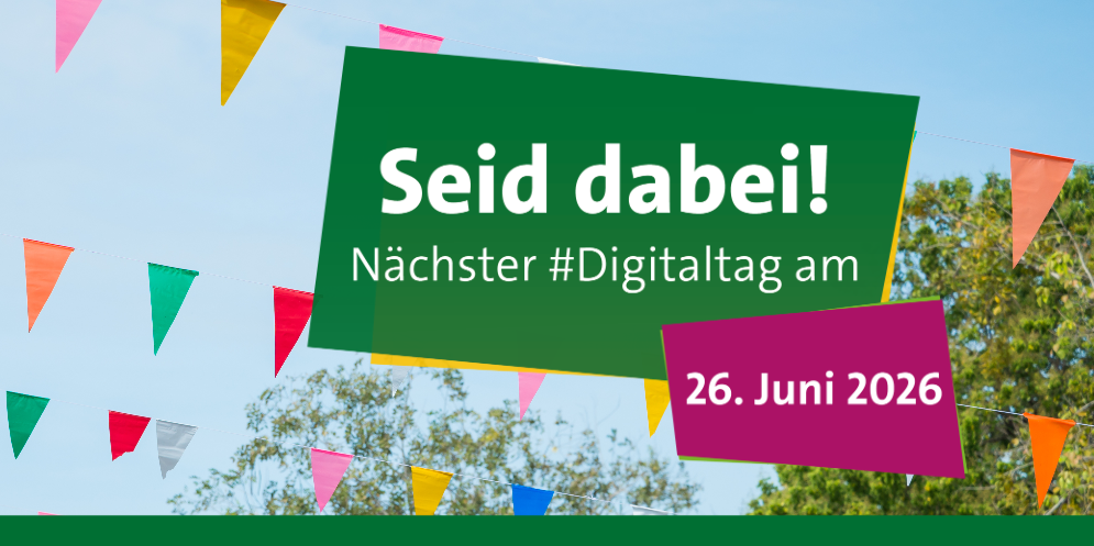 Im Hintergrund Wimpelketten, davor Textfelder mit Hinweisen auf den Digitaltag 20256