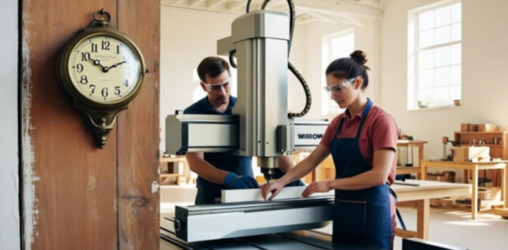 Symbolbild für Arbeitszeit: 2 Personen arbeiten an einer Maschine