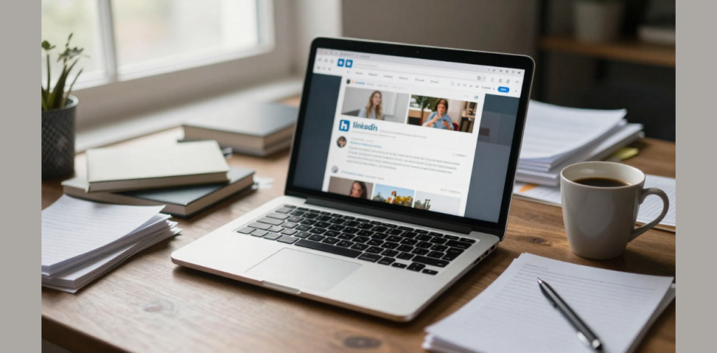 Laptop auf einem Schreibtisch mit einem geöffneten LinkedIn-Feed; daneben liegen Notizblätter, Bücher und eine Kaffeetasse.