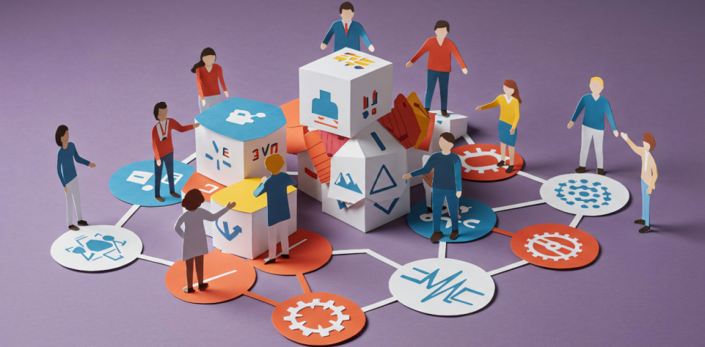 Illustration von Personen, die gemeinsam an vernetzten Elementen arbeiten – sinnbildlich für das Innovationsprogramm für Geschäftsmodelle und Pionierlösungen.