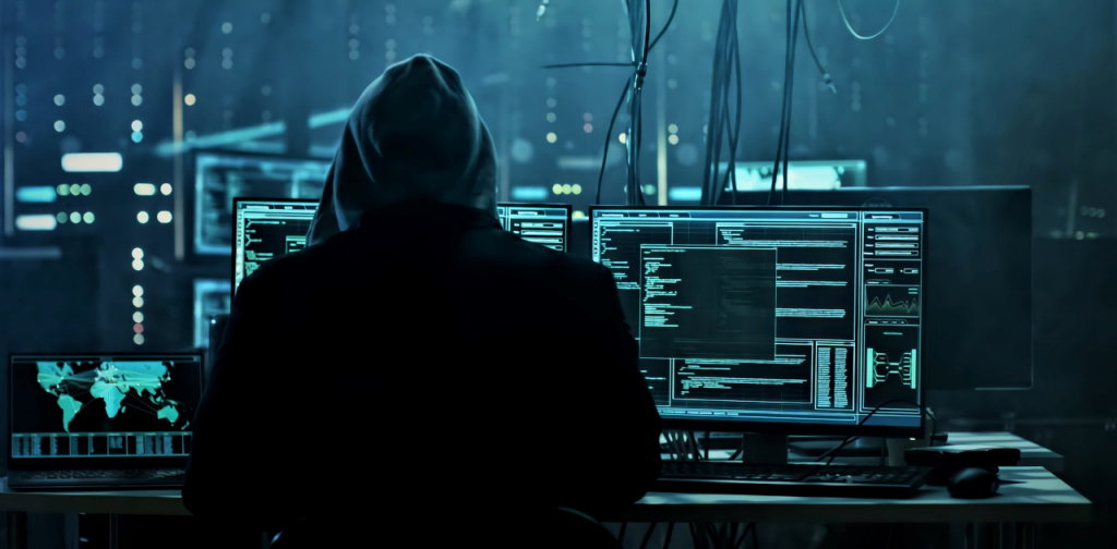 Symbolbild für Cyberversicherung: unkenntliche Person sitzt mit dem Rücken zur Kamera vor EDV-Technik