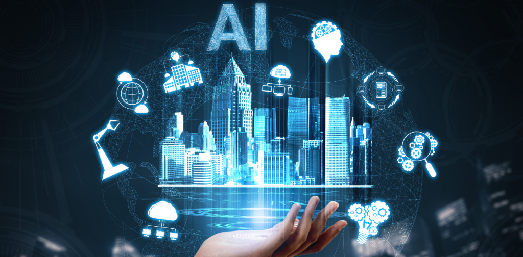 Symbolbild für Künstliche Intelligenz: Hand unter einer virtuell dargestellten Stadt und Symbolen, die mit KI zusammenhängen können