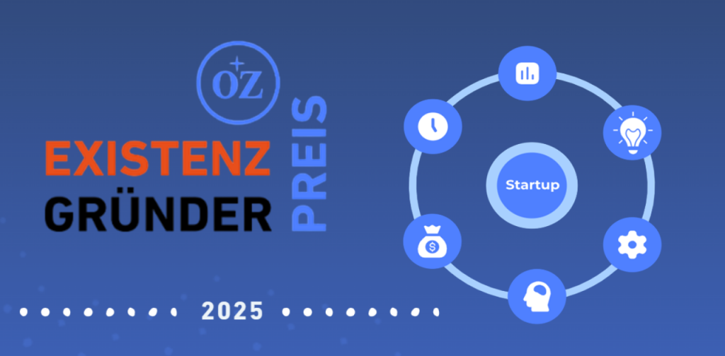 Symbolbild: Text und Grafik (Kreis mit verschiedenen Symbolen, in der Mitte das Wort "Startup") für den OZ-Existenzgründerpreis 2025