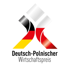 Logo des Deutsch-Polnischen Wirtschaftspreises mit stilisierter Grafik in den Farben Deutschlands und Polens sowie dem Schriftzug „Deutsch-Polnischer Wirtschaftspreis“ auf hellem Hintergrund.