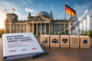 im Hintergrund der Reichstag in Berlin, links ein Mappe mit Text zum Thema Reformen und den Logos der Koalitionsparteien CDU,CSU und SPD rechts Holzklötze mit Aufschriften