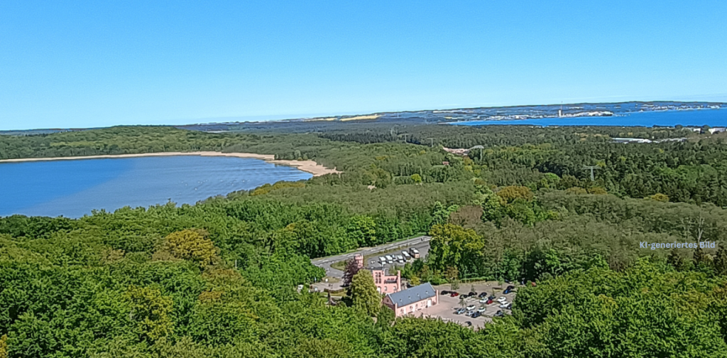 Blick von oben auf eine Naturlandschaft mit Wäldern und Seen