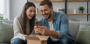 2 Personen freuen sich über ein Smartphone, das sie aus einem Karton genommenen haben. Wichtig ist der Texthinweis: KI-generiertes Bild.