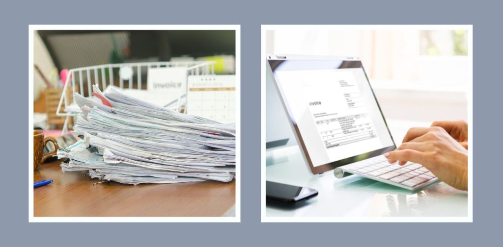 Papierrechnungen auf einem Schreibtisch neben einer digitalen Rechnung auf einem Bildschirm