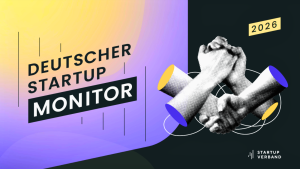 Titelgrafik des Deutschen Startup Monitor 2026 mit Handschlag-Motiv als Symbol für Innovation, Wachstum und Zusammenarbeit im deutschen Startup-Ökosystem.