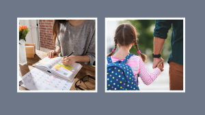 Zweiteiliges Bild: Auf der linken Seite liegen Kalender, Notizbuch und Arbeitsunterlagen auf einem Schreibtisch, auf der rechten Seite geht ein Schulkind mit Rucksack Hand in Hand mit einer erwachsenen Person. Das Motiv symbolisiert die Balance zwischen Selbstständigkeit und Familienalltag